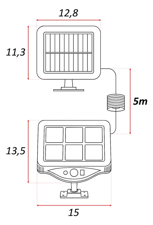 Wymiary projektora solarnego LED i panelu: panel 12,8×11,3 cm, oprawa 15×13,5 cm, przewód 5 m