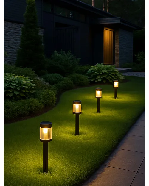 Aranżacja: ciepłe światło solarne przy ścieżce w ogrodzie