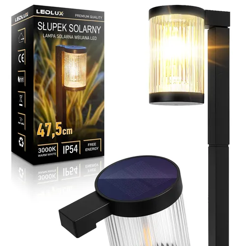 Lampa solarna ogrodowa LED – słupek z ryflowanym kloszem, ciepła biel