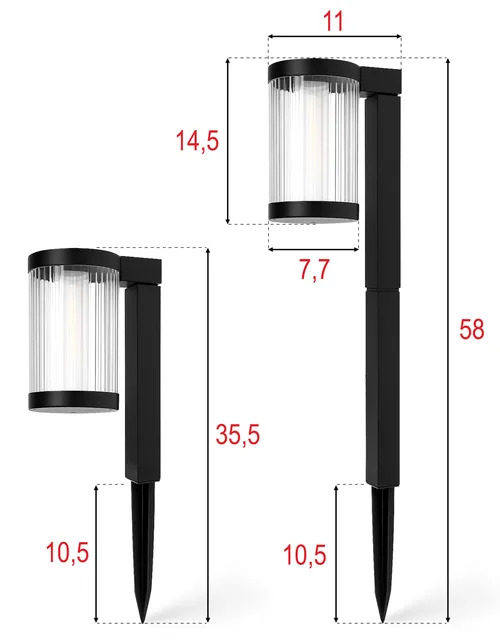 Wymiary lampy solarnej: wysokość 35,5 cm lub 58 cm; klosz 11 × 14,5 cm; grot 10,5 cm