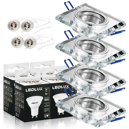 Zestaw 4x Oprawa Halogenowa Szklana LX-7005 Lustrzana Kwadratowa + Żarówka LED GU10 7,5W biała ciepła LEDLUX