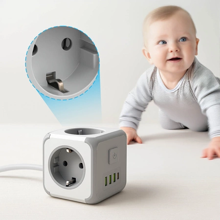 Przedłużacz USB KOSTKA 3-gniazda 3m Rozgałęźnik wyłącznik + 4xUSB szary