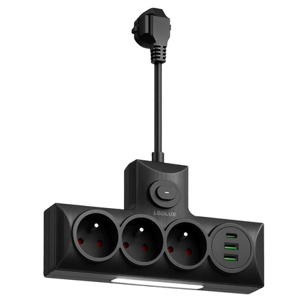 ROZGAŁĘŹNIK DO GNIAZDKA LEDLUX 3×230V + 3×USB, lampka nocna 3 barwy, ON/OFF