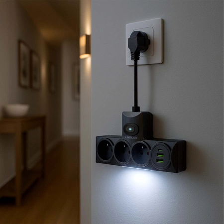 ROZGAŁĘŹNIK DO GNIAZDKA LEDLUX 3×230V + 3×USB, lampka nocna 3 barwy, ON/OFF