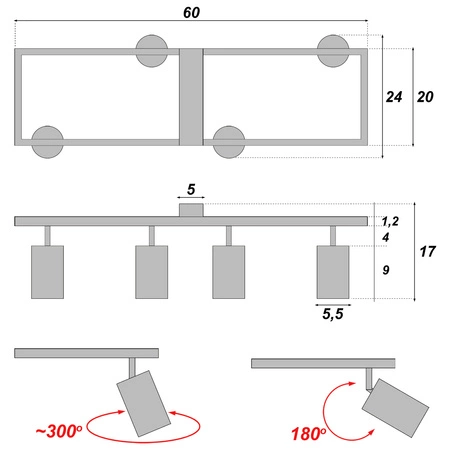 LAMPA SUFITOWA 4xGU10 czarna regulowana SPOT oprawa halogenowa natynkowa OPN-009 4x GU10 BLACK