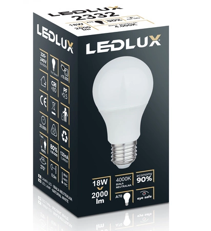 ŻARÓWKA LED E27 A65 18W = 120W 2000lm 4000K biała neutralna LEDLUX