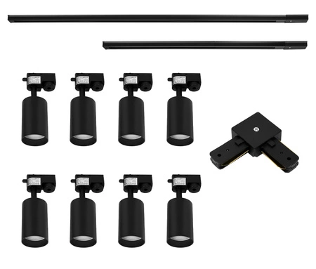 Zestaw Szyna Oświetleniowa Listwa 1m+ 2m Czarna + 8x Reflektor Szynowy Spot Czarny + Łącznik Czarny Typ L LEDLUX