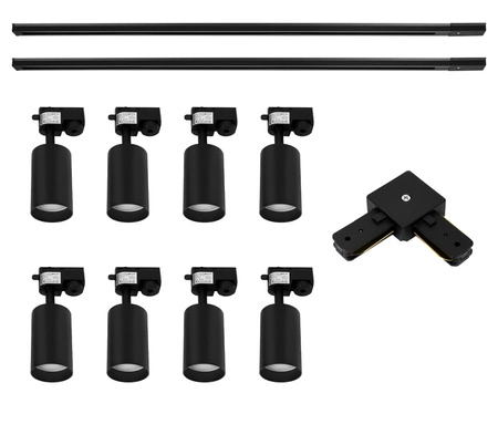 Zestaw Szyna Oświetleniowa Listwa 2m+ 2m Czarna + 8x Reflektor Szynowy Spot Czarny + Łącznik Czarny Typ L LEDLUX