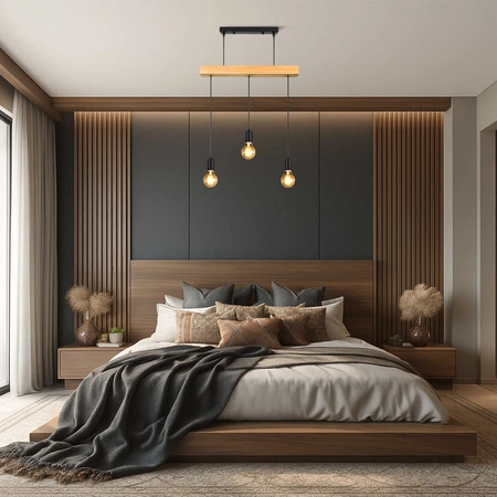 Lampa Wiszaca LX- 1320 Czarna + Drewno 3x E27 LEDLUX