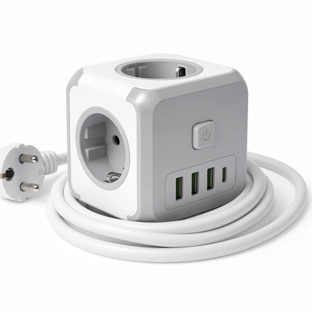 Przedłużacz USB KOSTKA 3-gniazda 3m Rozgałęźnik wyłącznik + 4xUSB szary