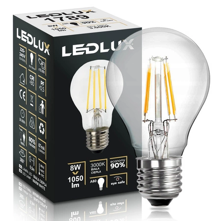 Żarówka LED E27 A60 8W = 70W 1050lm 3000K biała ciepła LEDLUX