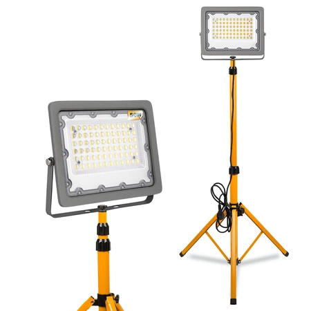 Halogen LED Statyw Budowlany Naświetlacz 1x50W / 50W 5000lm Przewód Mufa barwa biała neutralna LEDLUX