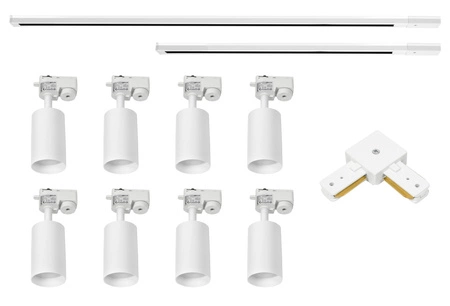 Zestaw Szyna Oświetleniowa Listwa 1m+ 2m Biała + 8x Reflektor Szynowy Spot Biały + Łącznik Biały Typ L LEDLUX