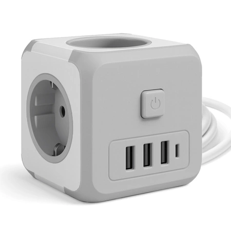 Przedłużacz USB KOSTKA 3-gniazda 3m Rozgałęźnik wyłącznik + 4xUSB szary