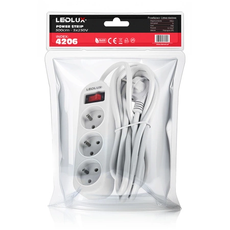 PRZEDŁUŻACZ listwa budowlany zasilająca 3m 3 gniazda Biały LEDLUX
