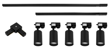Zestaw Szyna Oświetleniowa Listwa 1m+ 2m Czarna + 5x Reflektor Szynowy Spot Czarny + Łącznik Czarny Typ L LEDLUX