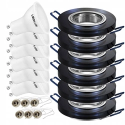 Zestaw 6x Oprawa Halogenowa Szklana  LX- 7002 Czarna Okrągła + Żarówka GU10 12W biała ciepła LEDLUX