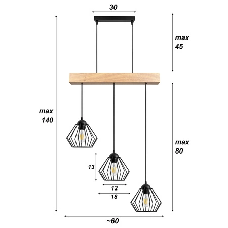 Lampa Wiszaca LX- 1368 Czarna + Drewno 3x E27 LEDLUX