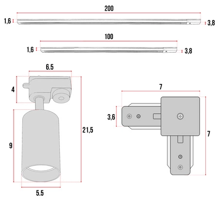 Zestaw Szyna Oświetleniowa Listwa 1m+ 2m Biała + 5x Reflektor Szynowy Spot Biały + Łącznik Biały Typ L LEDLUX