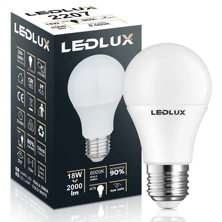 ŻARÓWKA LED E27 A 65 18W = 120W 2000lm 6000K biała zimna LEDLUX