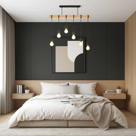 Lampa Wiszaca LX- 1321 Czarna + Drewno 6x E27 LEDLUX