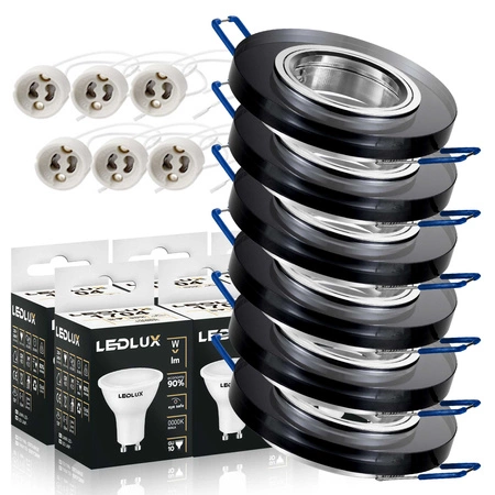 Zestaw 6x Oprawa Halogenowa Szklana LX- 7002 Czarna Okrągła + Żarówka GU10 10W biała ciepła LEDLUX