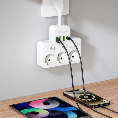 Przedłużacz Listwa Zasilająca Rozdzielacz Rozgałęźnik 3 Gniazda 230V 4x USB