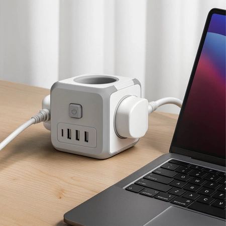 Przedłużacz USB KOSTKA 3-gniazda 3m Rozgałęźnik wyłącznik + 4xUSB szary