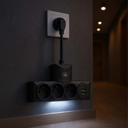 ROZGAŁĘŹNIK DO GNIAZDKA LEDLUX 3×230V + 3×USB, lampka nocna 3 barwy, ON/OFF