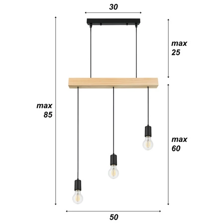 Lampa Wiszaca LX- 1320 Czarna + Drewno 3x E27 LEDLUX