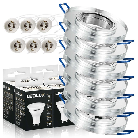 Zestaw 6x Oprawa Halogenowa Szklana LX- 7002 Lustrzana Okrągła + Żarówka GU10 5,5W biała neutralna LEDLUX