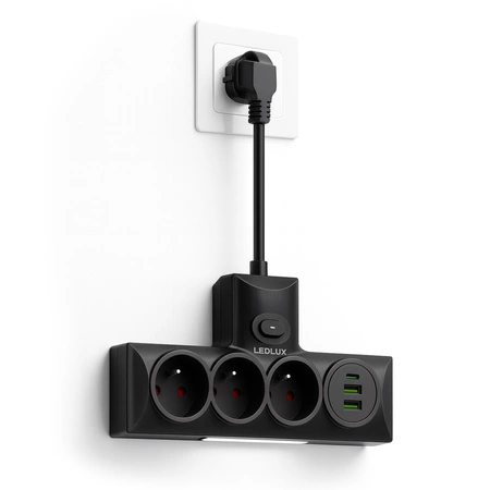 ROZGAŁĘŹNIK DO GNIAZDKA LEDLUX 3×230V + 3×USB, lampka nocna 3 barwy, ON/OFF