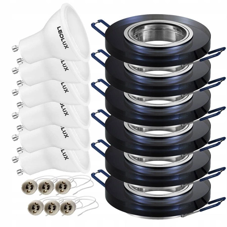 Zestaw 6x Oprawa Halogenowa Szklana  LX- 7002 Czarna Okrągła + Żarówka GU10 12W biała ciepła LEDLUX
