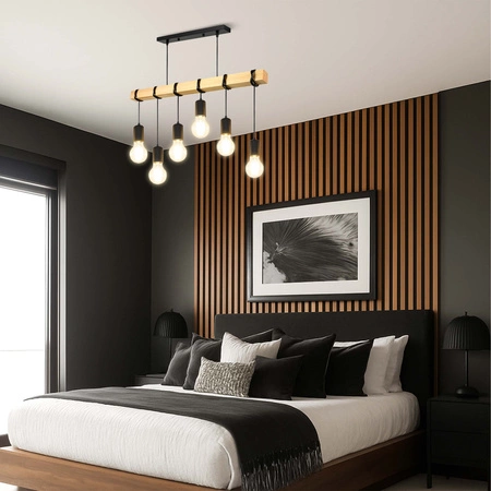 Lampa Wiszaca LX- 1321 Czarna + Drewno 6x E27 LEDLUX