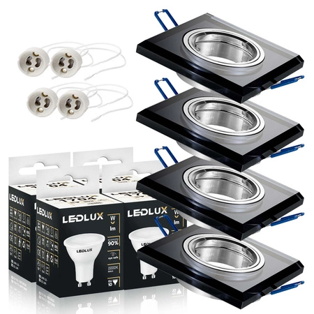 Zestaw 4x Oprawa Halogenowa Szklana LX-7003 Czarna Kwadratowa + Żarówka LED GU10 4,5W biała neutralna LEDLUX