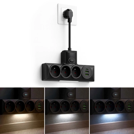 ROZGAŁĘŹNIK DO GNIAZDKA LEDLUX 3×230V + 3×USB, lampka nocna 3 barwy, ON/OFF