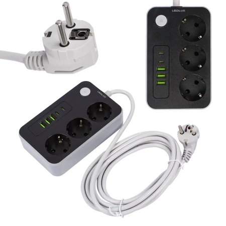 Przedłużacz Listwa zasilająca 3 metry 3 gniazda 5x ładowarka USB USB-C LEDLUX