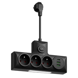 ROZGAŁĘŹNIK DO GNIAZDKA LEDLUX 3×230V + 3×USB, lampka nocna 3 barwy, ON/OFF