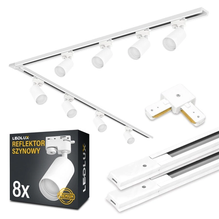 Zestaw Szyna Oświetleniowa Listwa 2m+ 2m Biała + 8x Reflektor Szynowy Spot Biały + Łącznik Biały Typ L LEDLUX