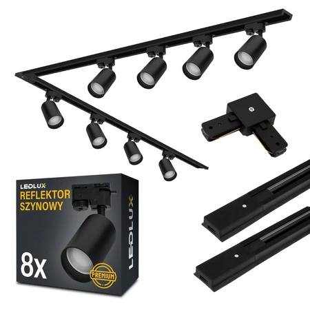 Zestaw Szyna Oświetleniowa Listwa 1m+ 2m Czarna + 8x Reflektor Szynowy Spot Czarny + Łącznik Czarny Typ L LEDLUX