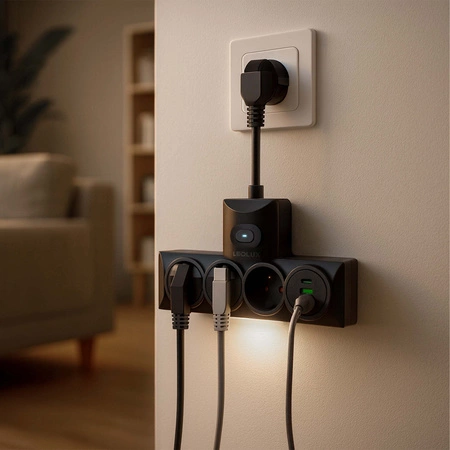 ROZGAŁĘŹNIK DO GNIAZDKA LEDLUX 3×230V + 3×USB, lampka nocna 3 barwy, ON/OFF