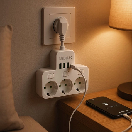 Przedłużacz Listwa Zasilająca Rozdzielacz Rozgałęźnik 3 Gniazda 230V 4x USB